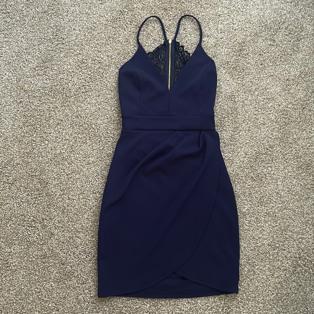 Windsor Navy Blue Mini Dress with Lace Back: Size Medium